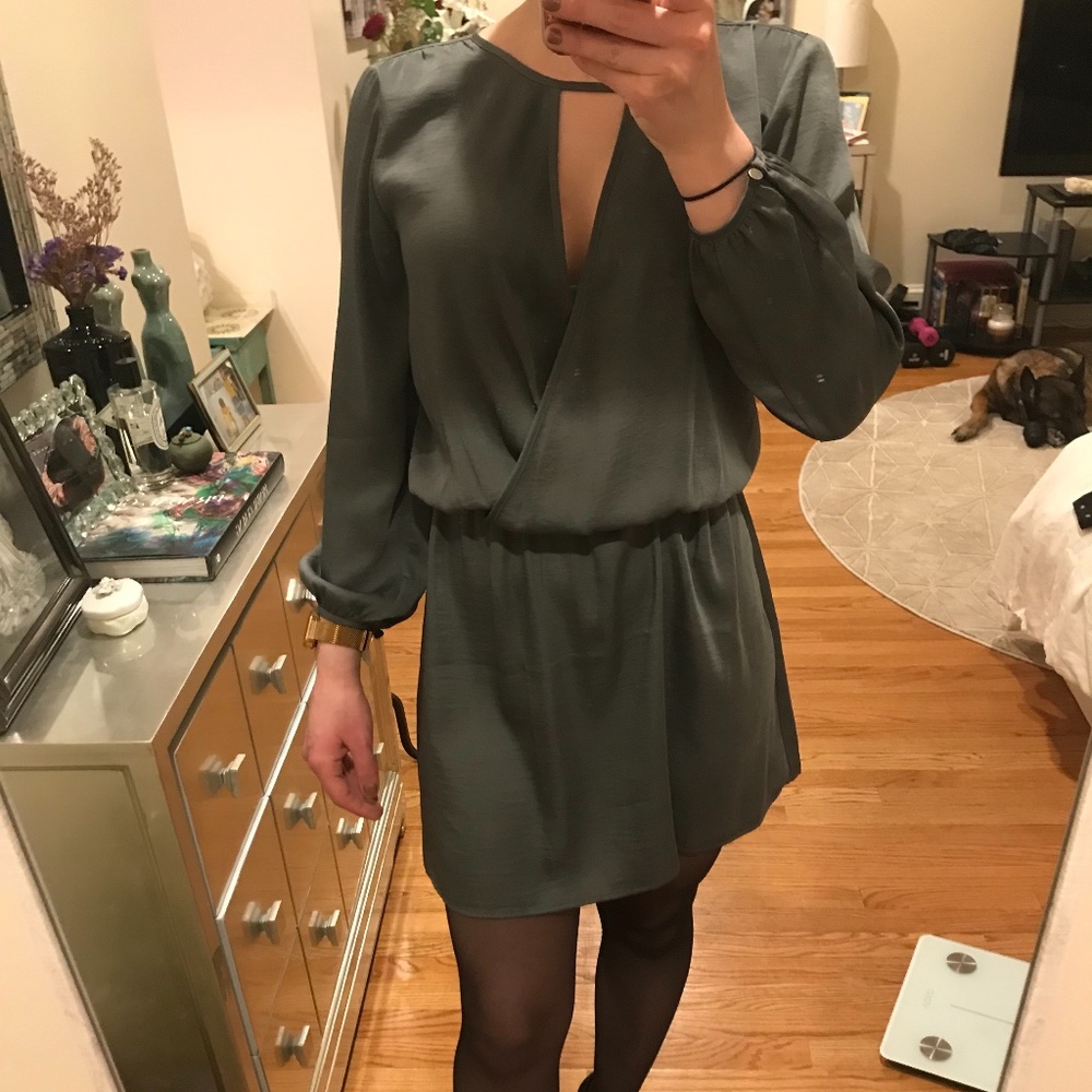 Olive Green Satin Long Sleeve Dress